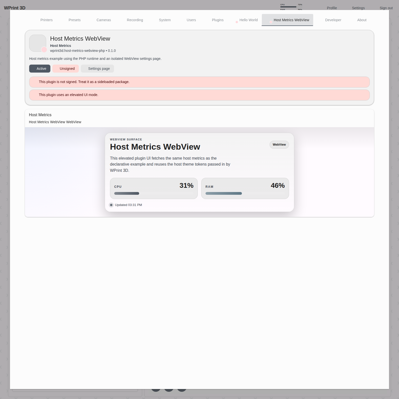 PHP WebView settings