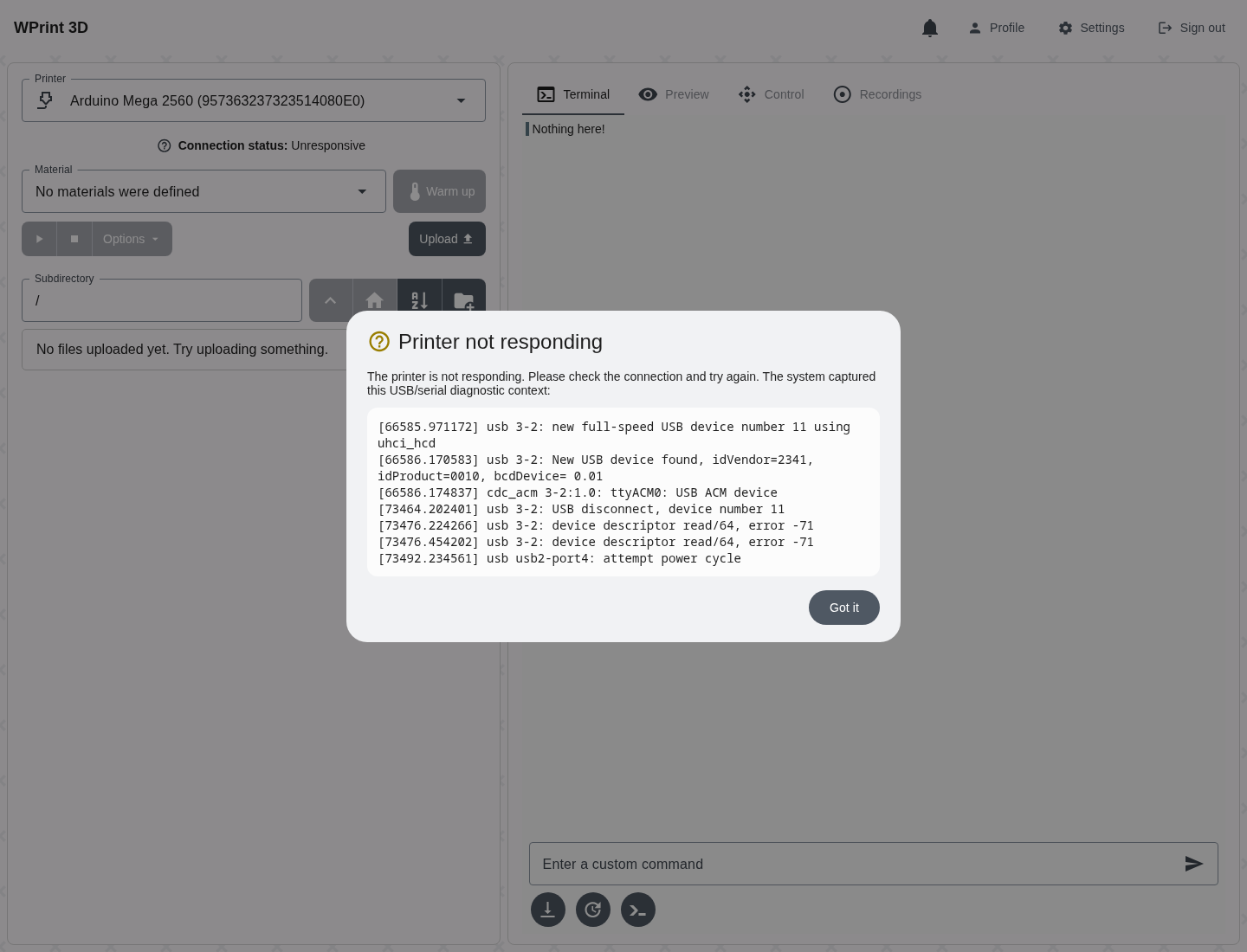 Real app main status diagnostic modal with dmesg output