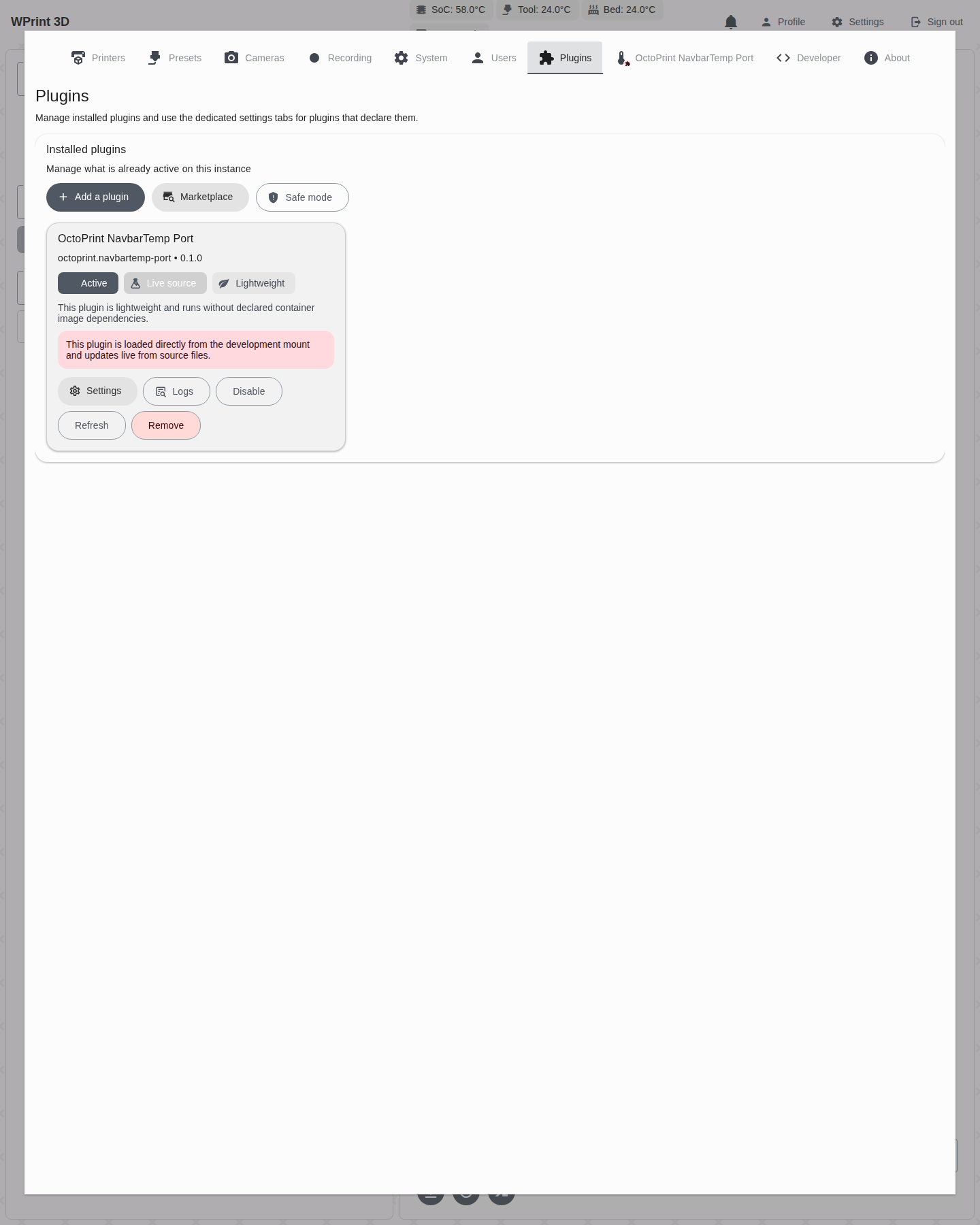 Plugin management tab