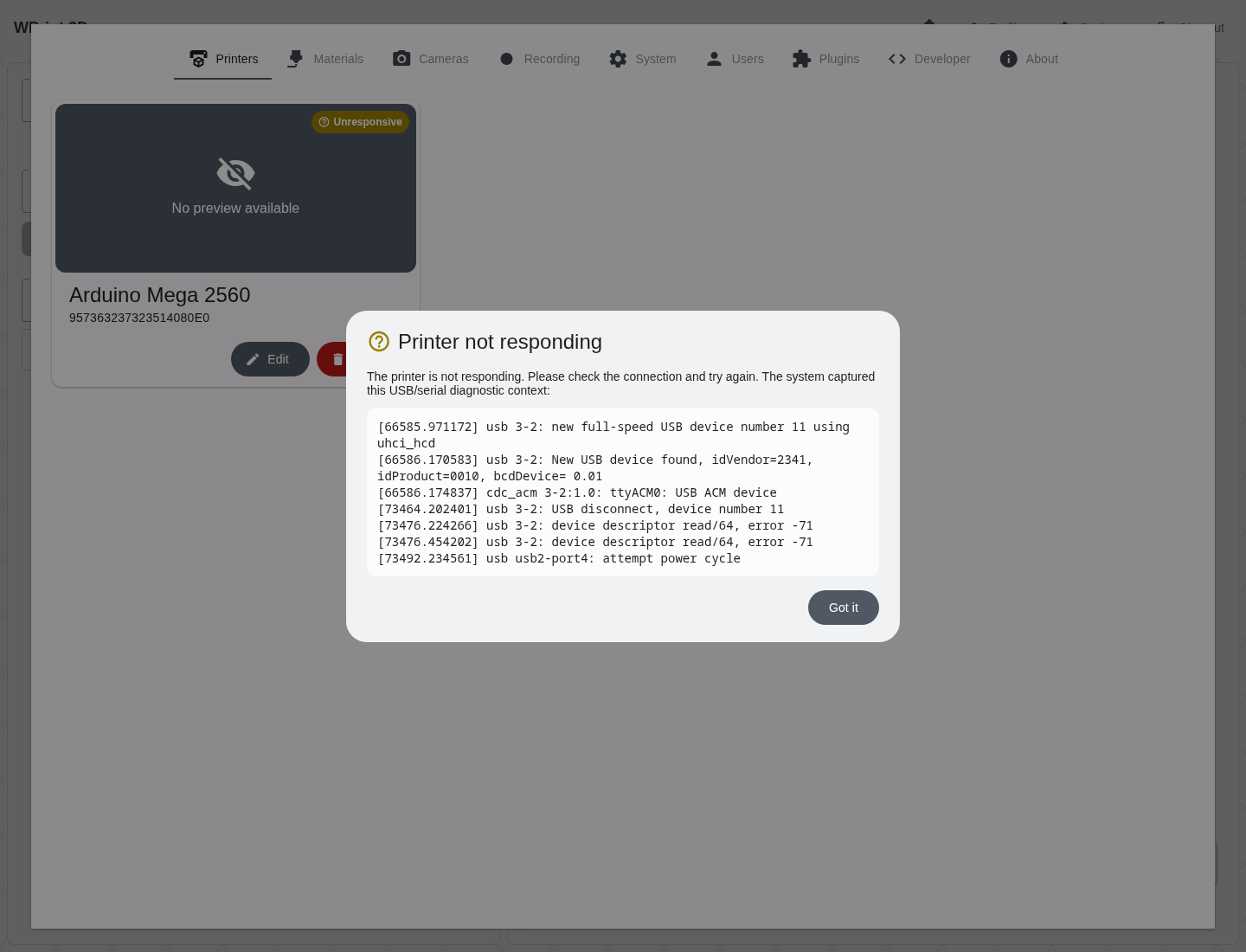 Real app settings badge diagnostic modal with dmesg output