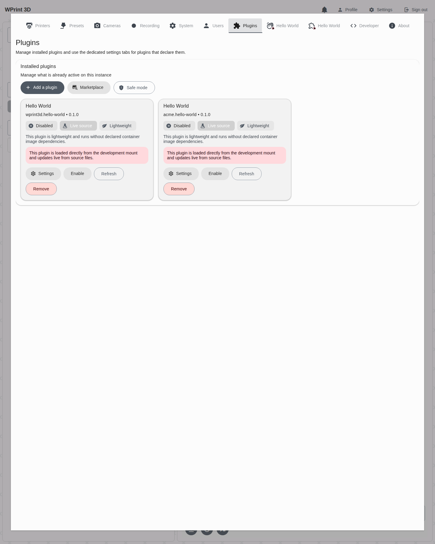 Installed unpacked plugin card